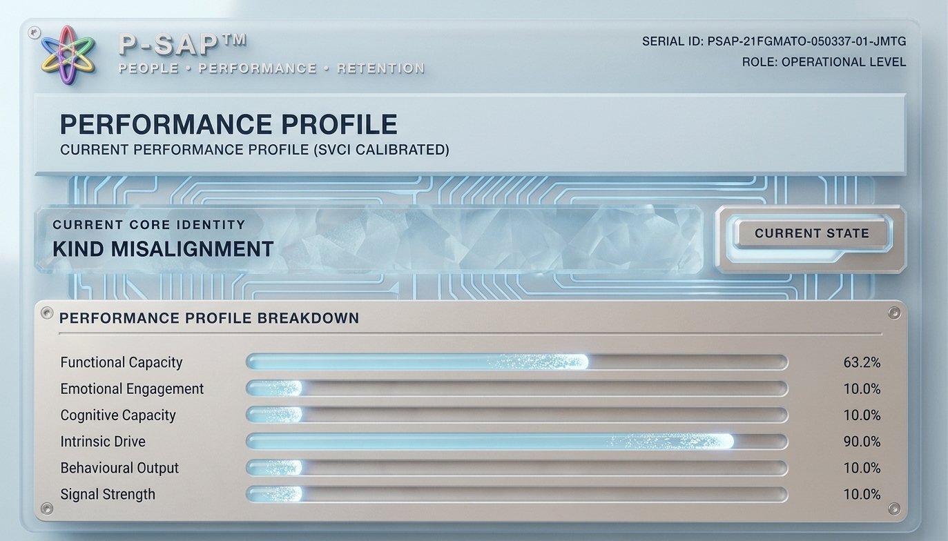 Pragadian P-SAP performance profile report showing a Synergy Score breakdown across six dimensions: functional capacity, emotional engagement, cognitive capacity, intrinsic drive, behavioural output and signal strength.